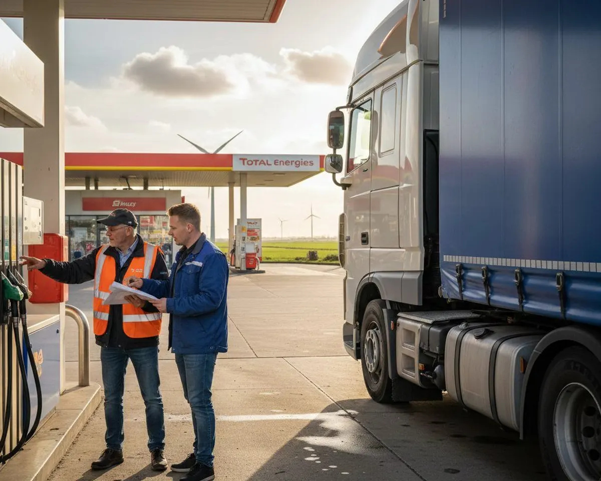 Illustratie van een adviesgesprek bij een vrachtwagen en een tankstation
