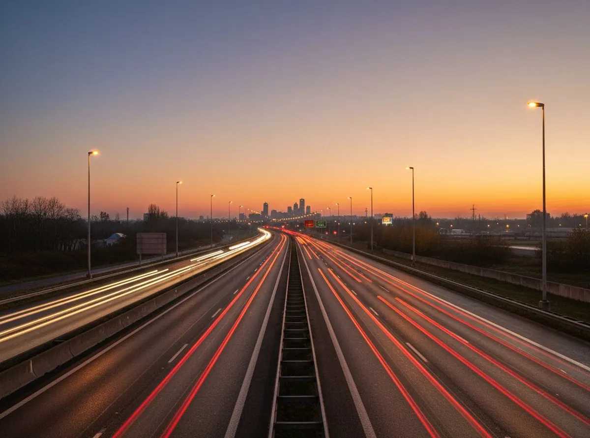 Snelweg met lichtsporen van verkeer bij zonsondergang